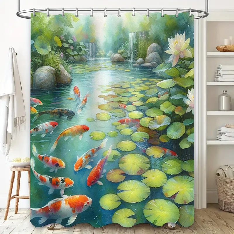 Aquarium Fish Koi - Levendig visdouchegordijn met lotusvijverscène, waterdichte stof